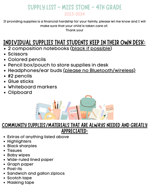Miss Stone's supply list
